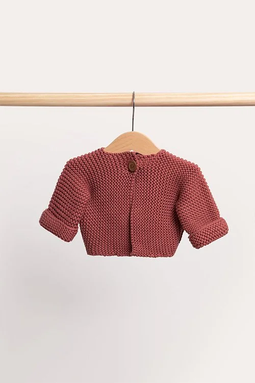 Dusty (rich red-brown) colour variant in the DLUX — Elf Baby Cardigan knitted from cotton