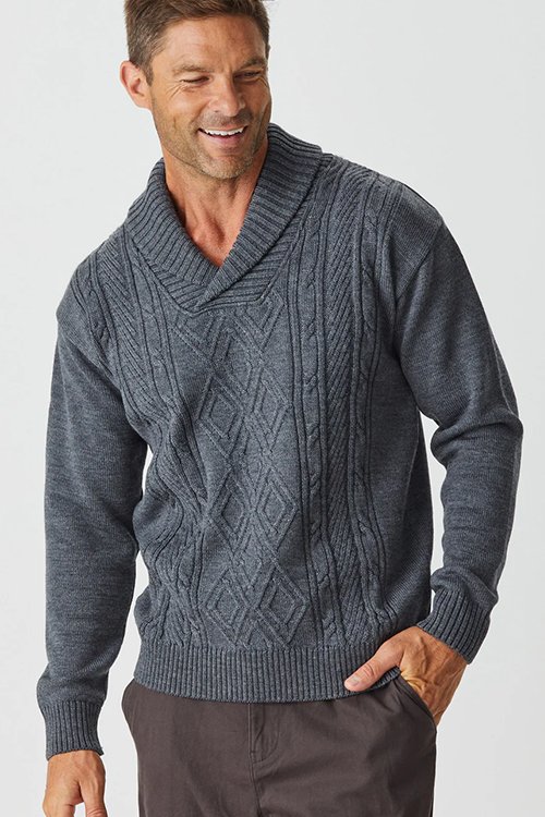 McDonald Textiles Aaron Cable Shawl Jumper for men in the wallaby grey colour variant.
