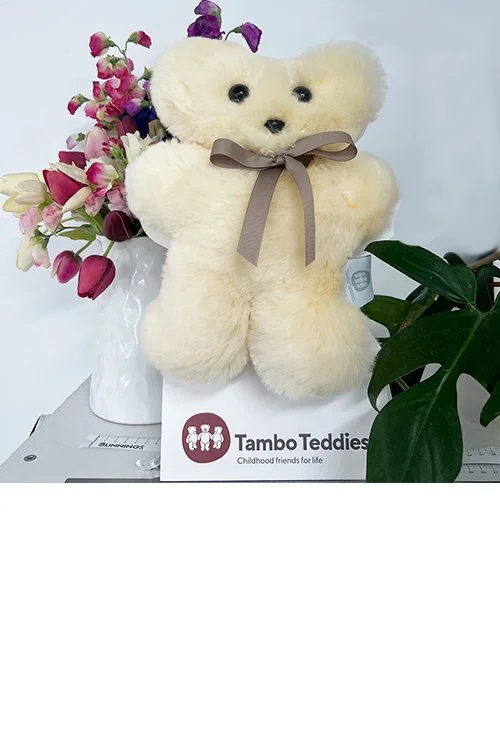 Cream colour variant of the Tambo Teddies Puffy Bickie Bear made from 100% Wool / Sheepskin