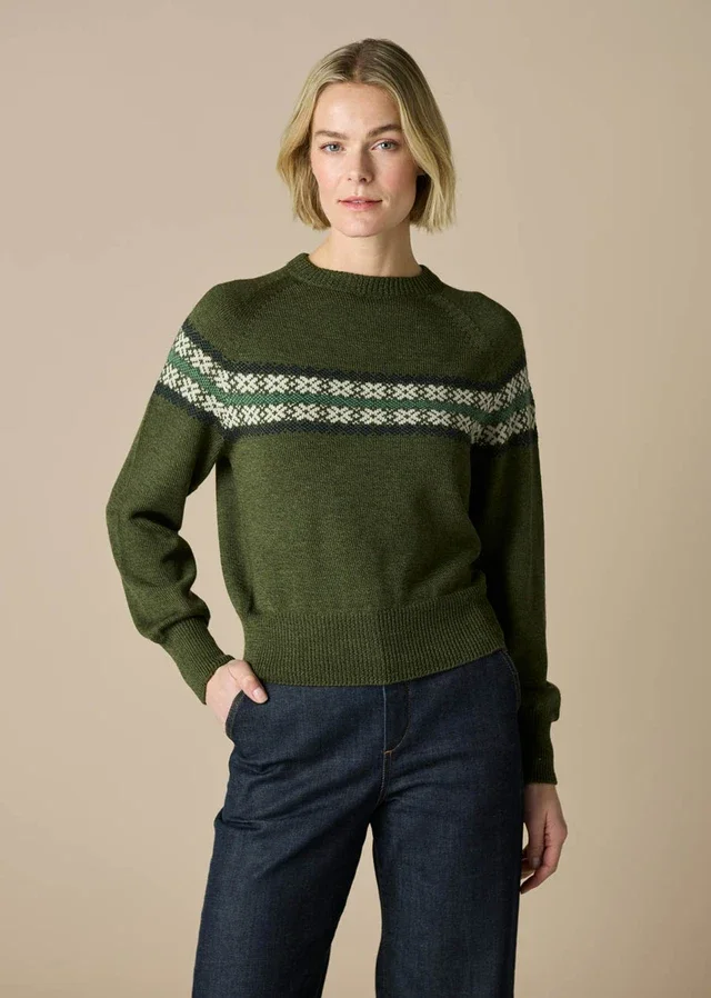 Moss colour variant in the Heidi Fairisle Jumper from uimi knitwear