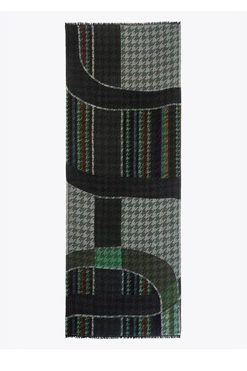 Full Agnes scarf houndstooth design layed flat in the khaki colourway.