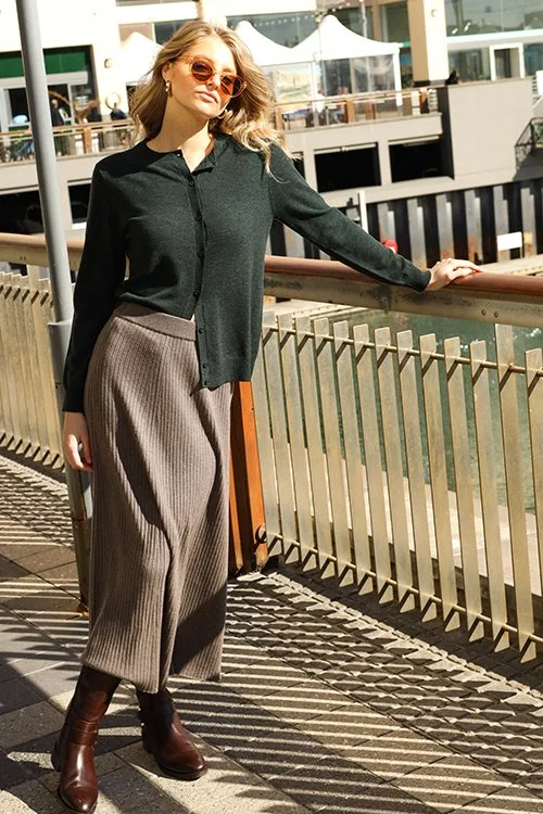 Forest colour variant of the Bridge & Lord Essential Button-to-neck Cardigan made from Merino wool, Cashmere