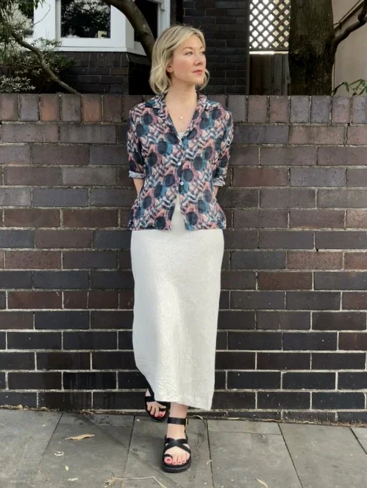 The Ikat pattern variant of the Jiva Fitted Shirt made from Ramie.