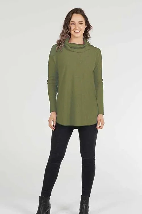 Woman wearing the Wasabi Green colour variant of the Bridge & Lord — Essential Curved Hem Cowl Neck Jumper made from Merino wool & Cashmere.