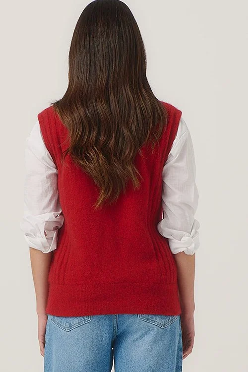 Back view of the Rata (red) colour variant in the Merinomink's  Mattison Vest made from Merino Wool, Possum Fur, Silk