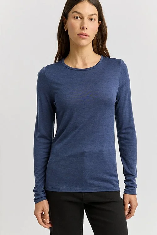 Woman wearing the Toorallie — Merino Wool Crew Tee - Galaxy (Blue) colour variant