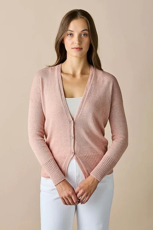 Sienna (dusky pink) colour variant in the uimi knitwear Edith Cardigan made from Egyptian Cotton