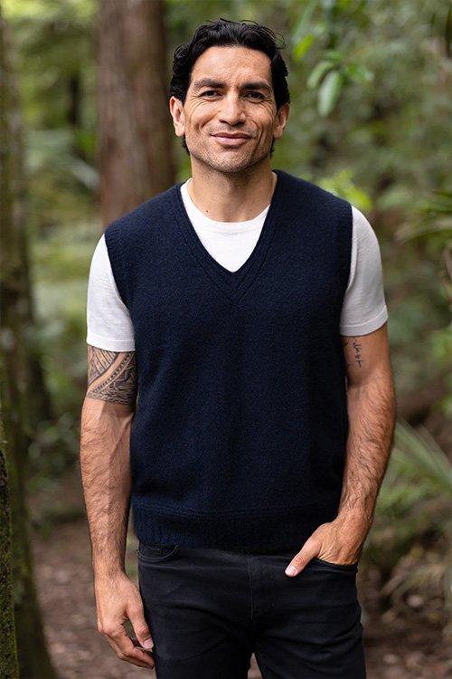 McDonald Textiles Ridge Vest made from Merino wool, possum fur and silk. Navy blue colour variant.