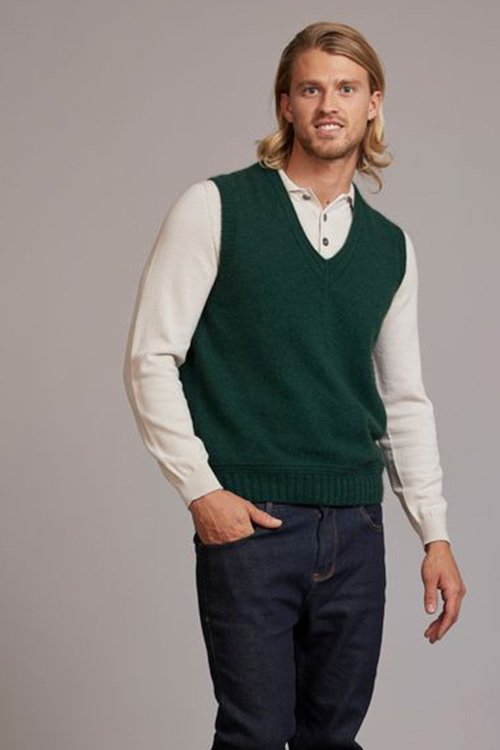 McDonald Textiles Ridge Vest made from Merino wool, possum fur and silk. Forest Green colour variant.