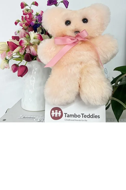 Pink colour variant of the Tambo Teddies Puffy Bickie Bear made from 100% Wool / Sheepskin