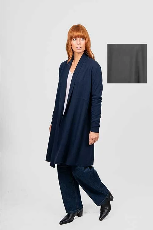 Swatch of the Mid Grey colour variant next to a woman wearing the Bridge and Lord Emily longline cardigan.