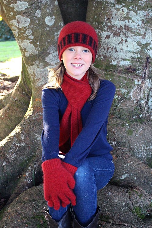 Girl wearing red coloured Lothlorian | Kids' Beanie (Merino + Possum fur)