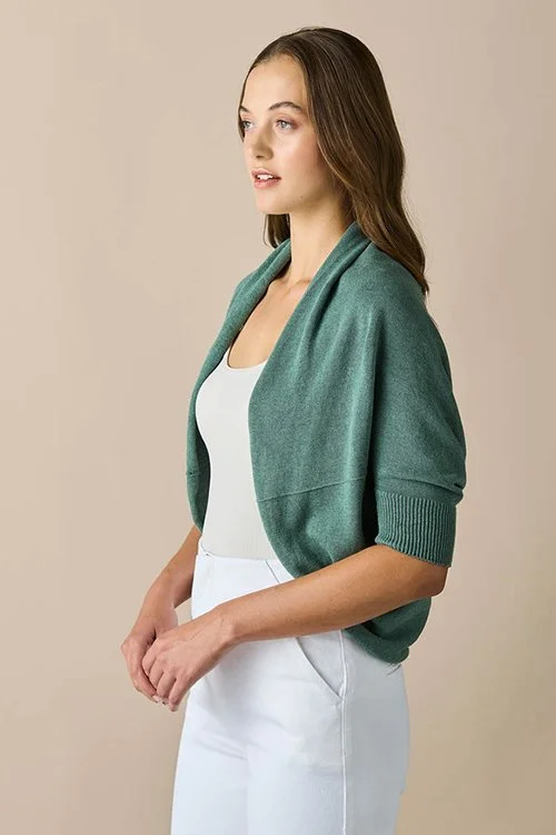 Sage green colour variant in the uimi knitwear — Clara Jersey Shrug made from Egyptian Cotton and Cashmere)