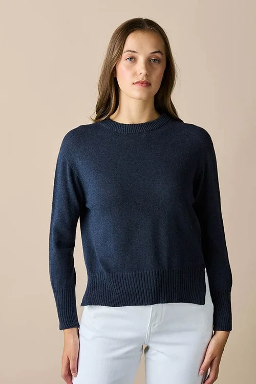 Indigo (dark blue) colour variant in the uimi knitwear Edith Jumper made from Egyptian Cotton + cashmere