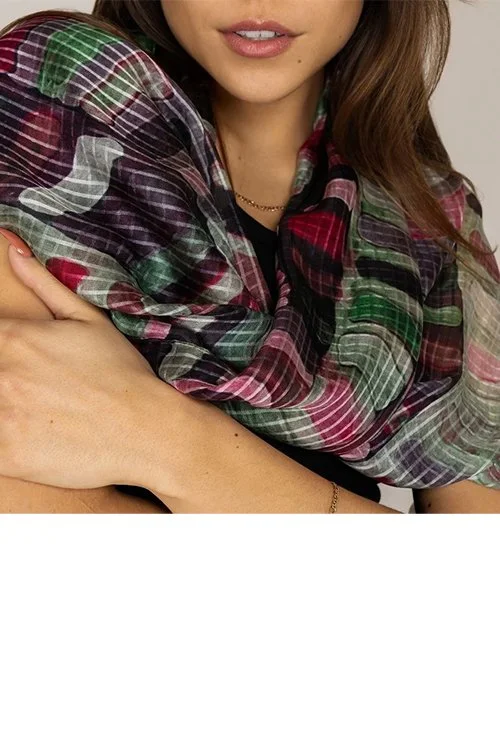 Raspberry colour variant of the Jumble Abstract pure silk scarf by DLUX