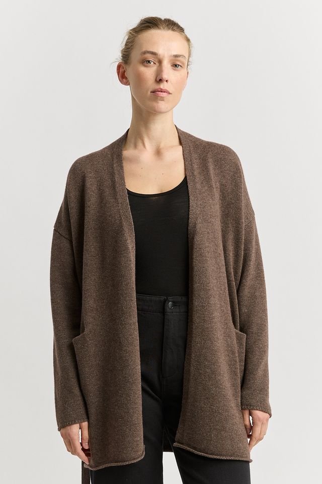 Woman wearing the Mocha brown colour variant of the Toorallie | Relaxed Knit Cardigan  made from 100% Merino lambswool