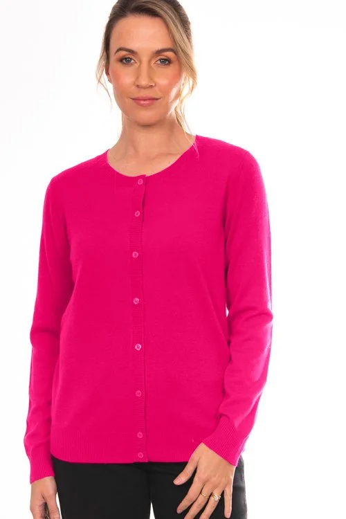 Fuschia colour variant of the Bridge & Lord Essential Button-to-neck Cardigan made from Merino wool, Cashmere