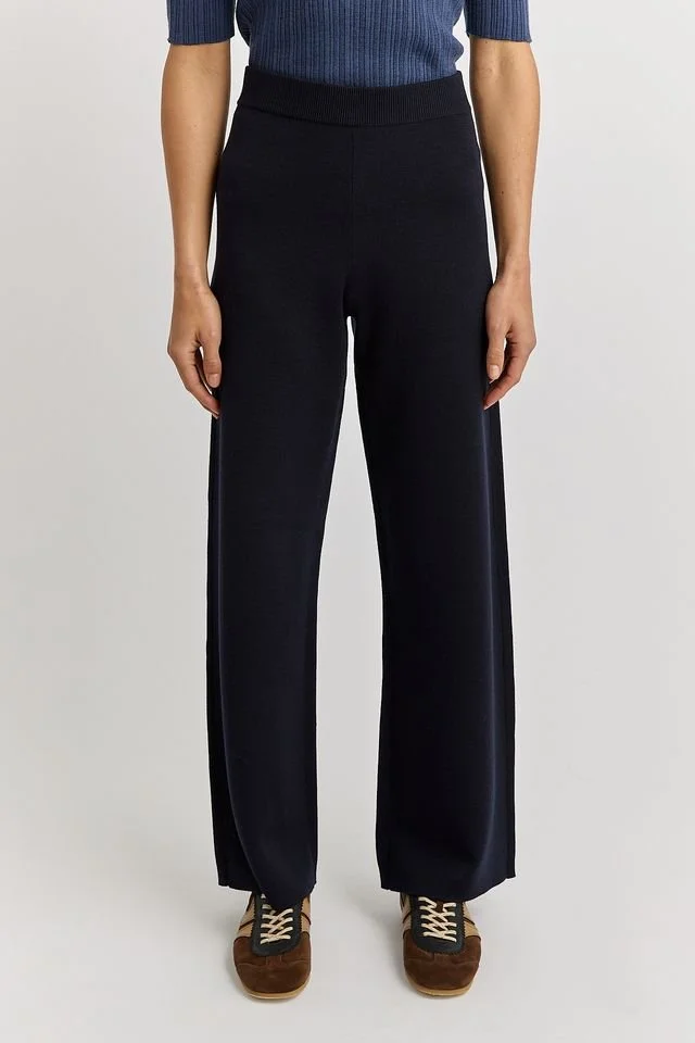 Closeup of navy blue variant of the Toorallie Knit Pant made from Australian Merino wool.