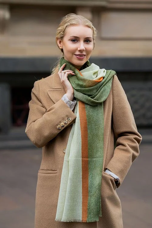 woman wearing the Blake Minimalist Painterly Scarf made from Australian Merino wool.