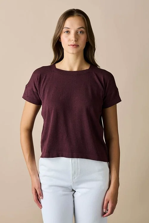 Sangria (dark red-purple) colour variant, uimi knitwear Alina Tee Shirt made from Egyptian cotton