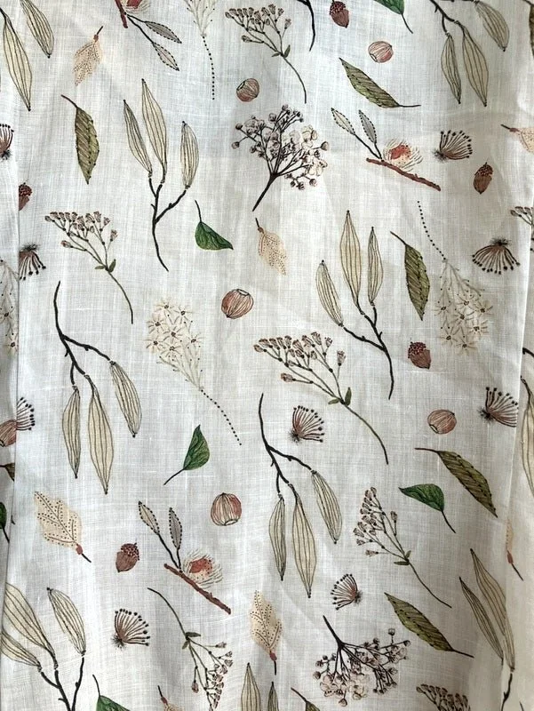 Closeup of the Australiana pattern variant of the Jiva Fitted Shirt made from Ramie.