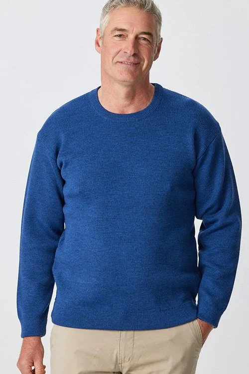 Denim Blue colour variant in the Aklanda Men's Crew-Neck Fisherman's Pullover, made from Merino wool