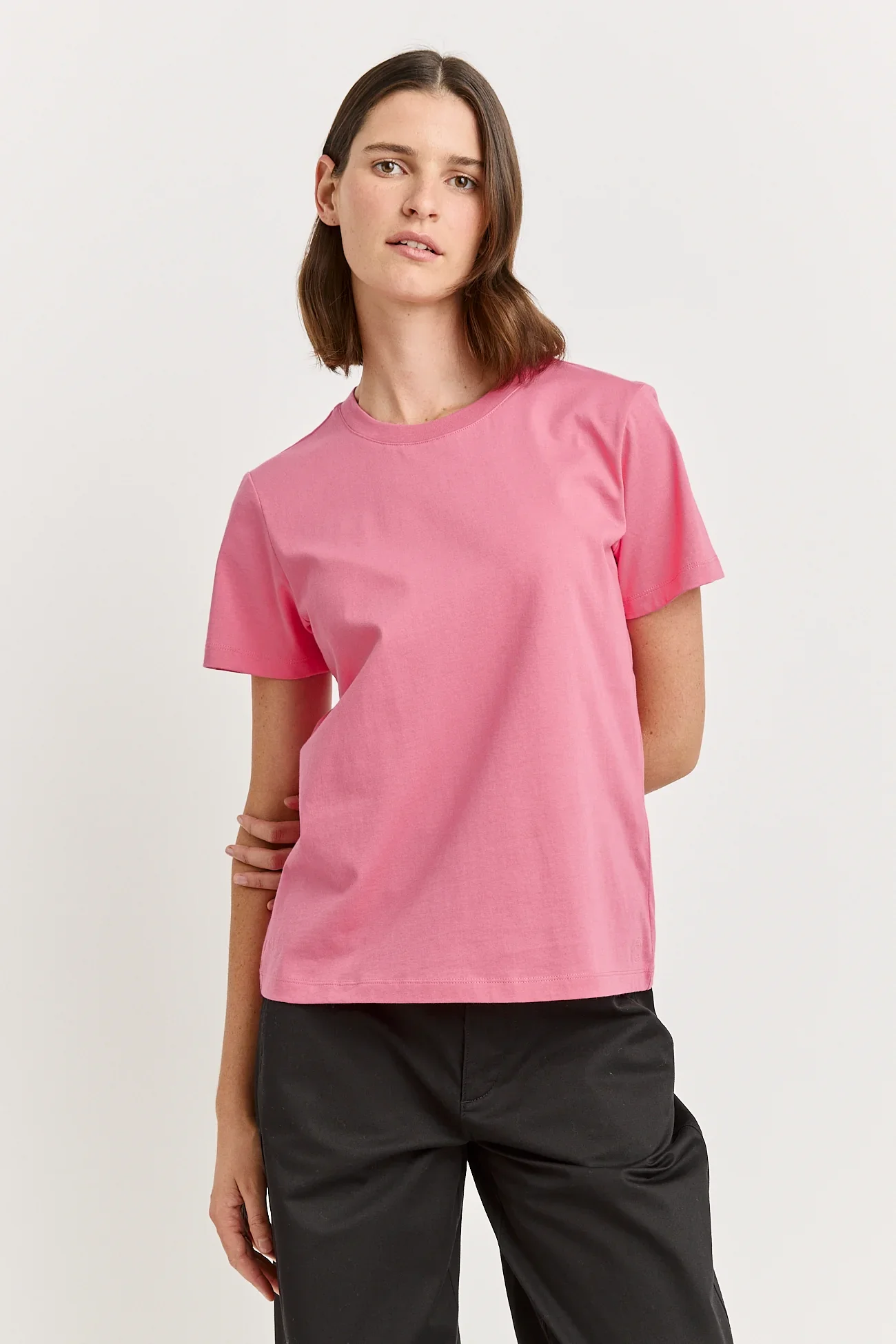Flamingo (pink) colour variant of the organic cotton tee from Toorallie