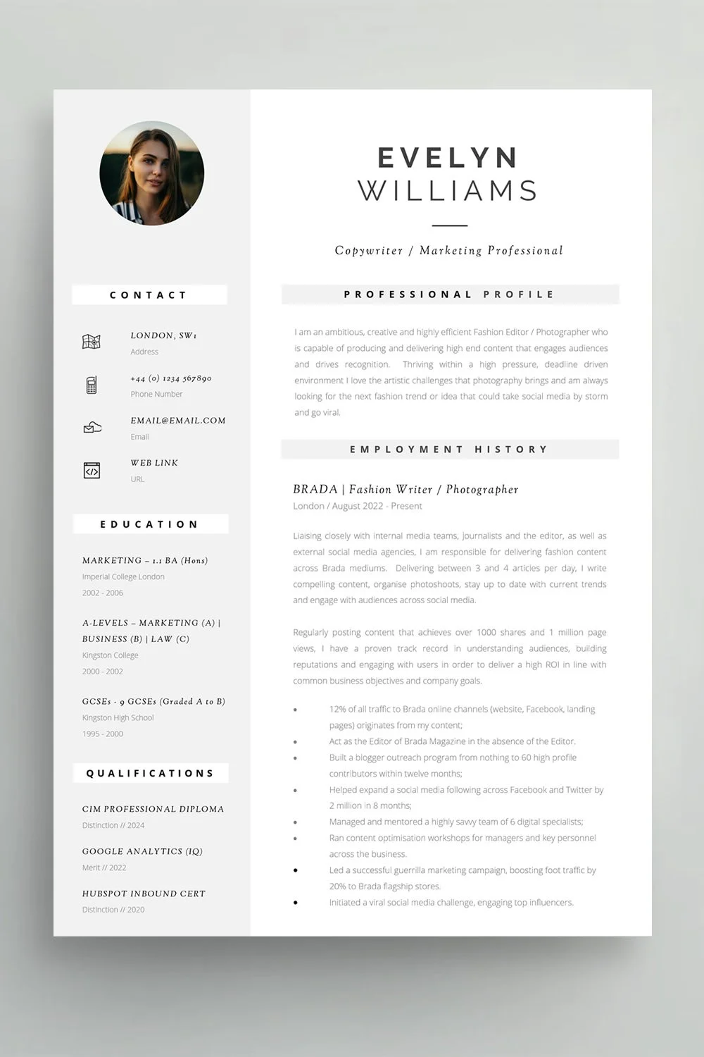 Modern marketing CV example featuring contemporary typography, campaign achievements and digital marketing skills.