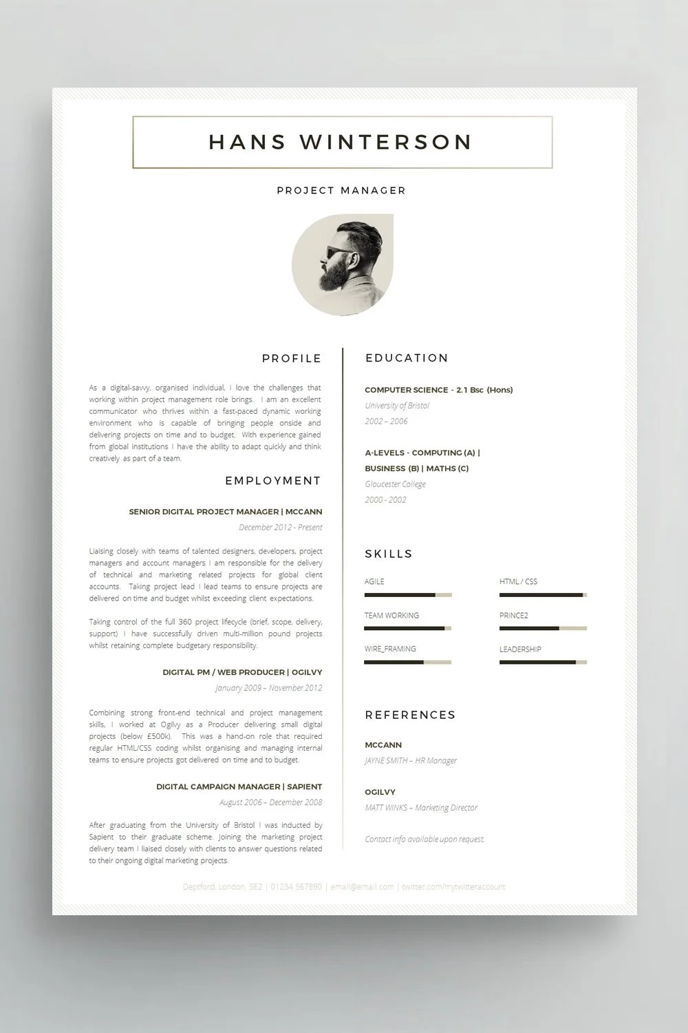 Modern graduate CV example UK with a personal profile, education, transferable skills and relevant work experience.