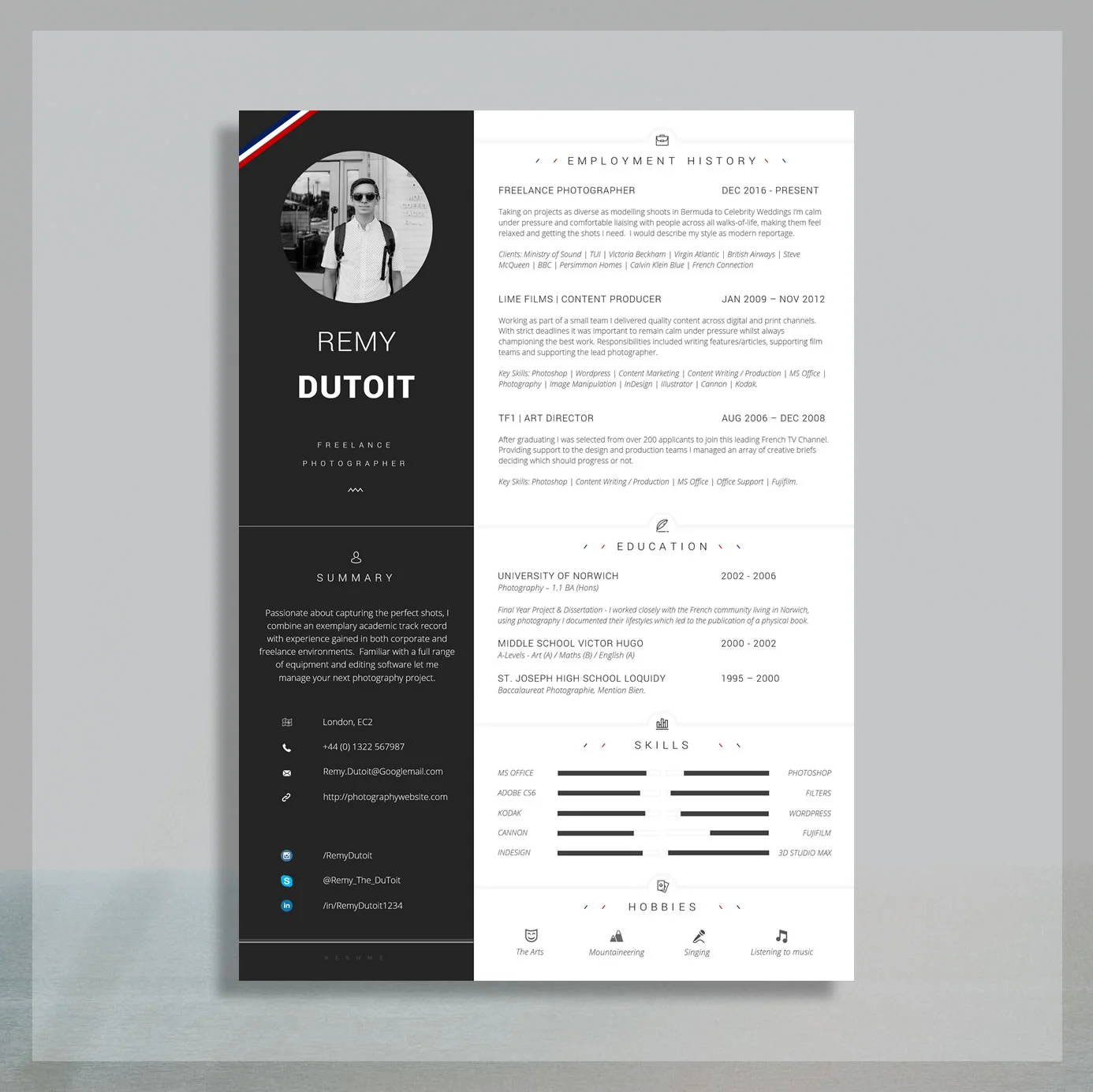 Freelancer CV | Freelance Photographer Resume Example | Creative Resume for Word with Cover Letter | "Hume"