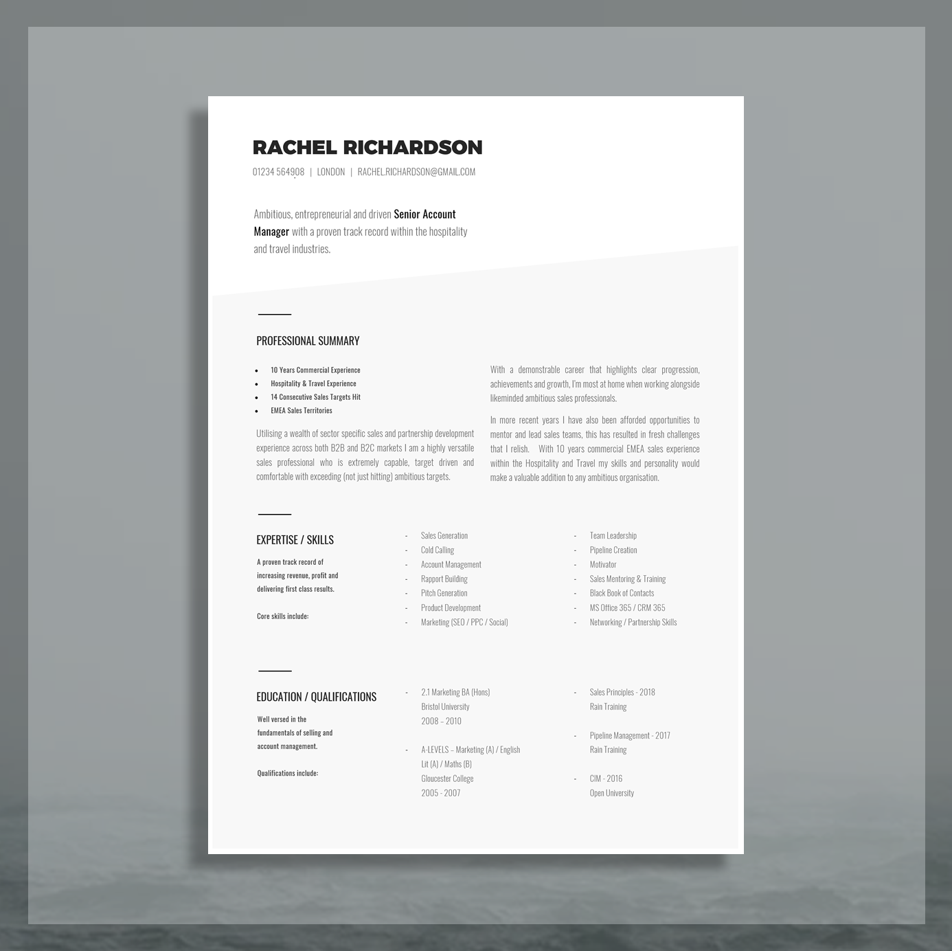 Resume Template for Sales or Client Services Professionals | Cover Letter, References and Advice also included | "Bauer"