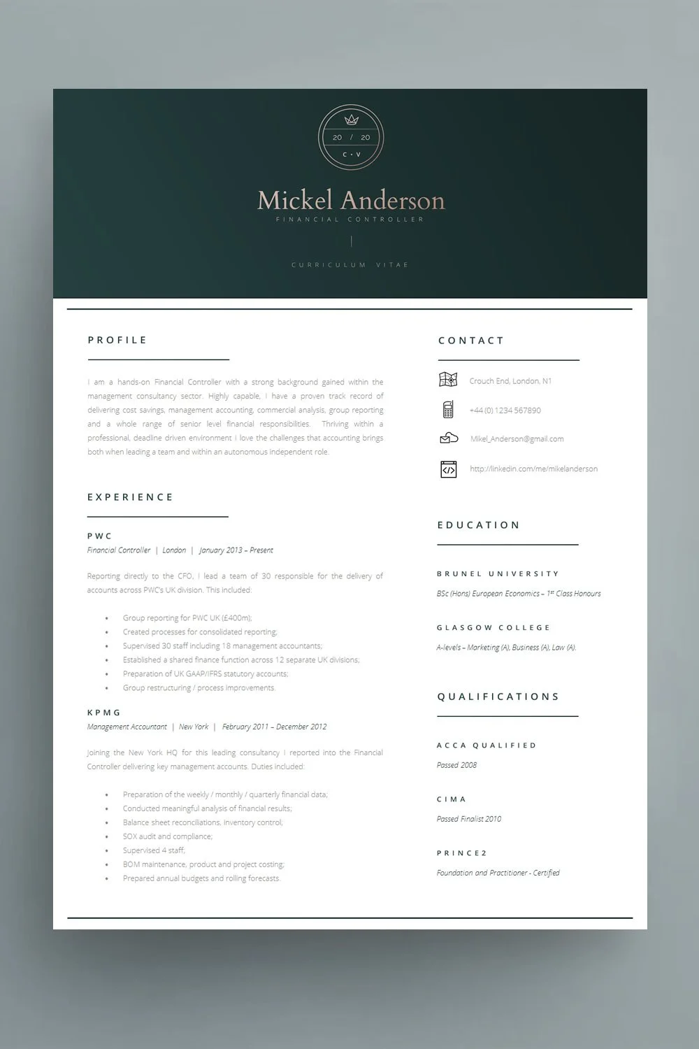 Modern CV design with a bold black header, prominent candidate name and clearly organised professional experience.