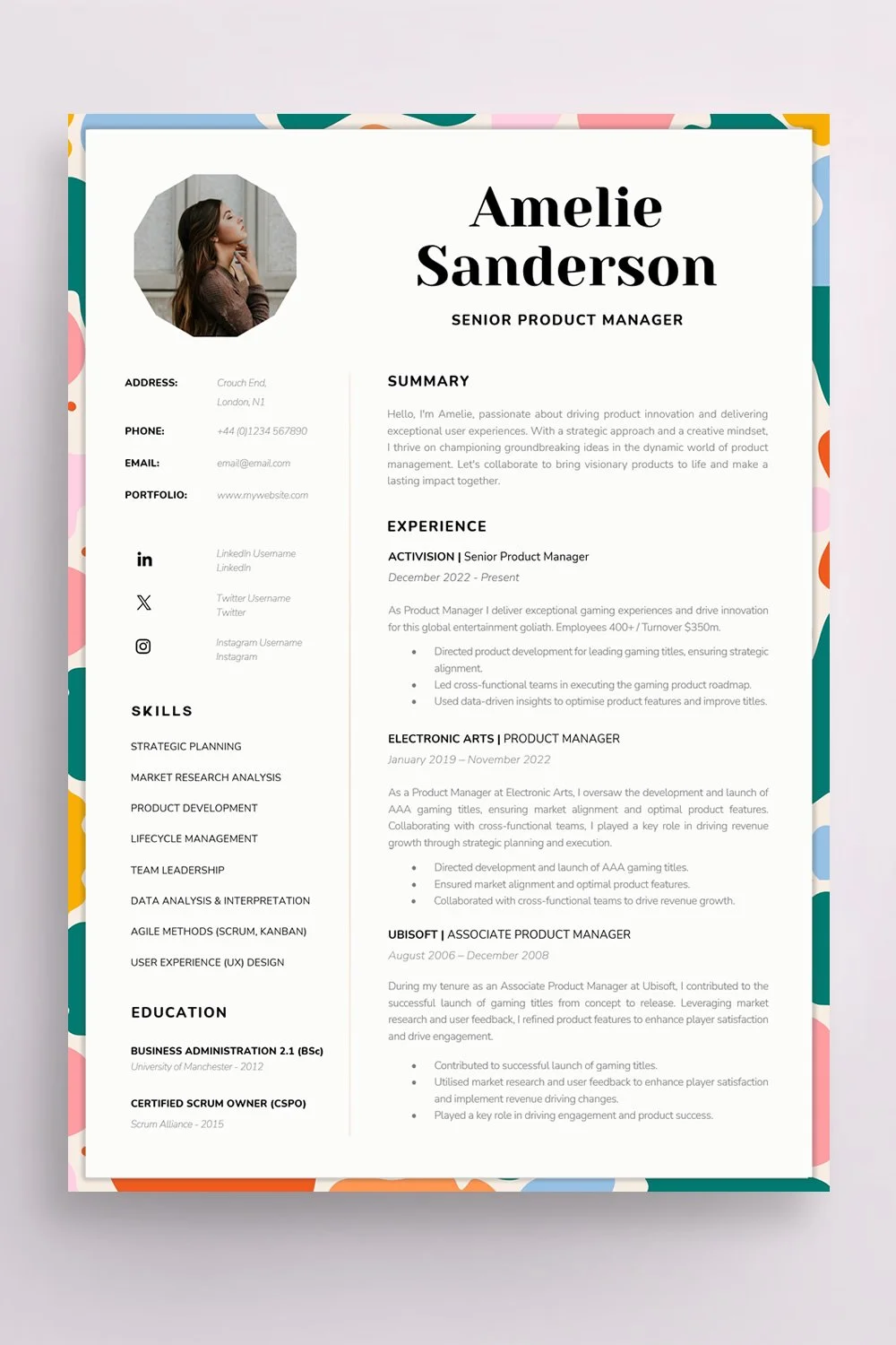 2 column creative CV template with colourful border