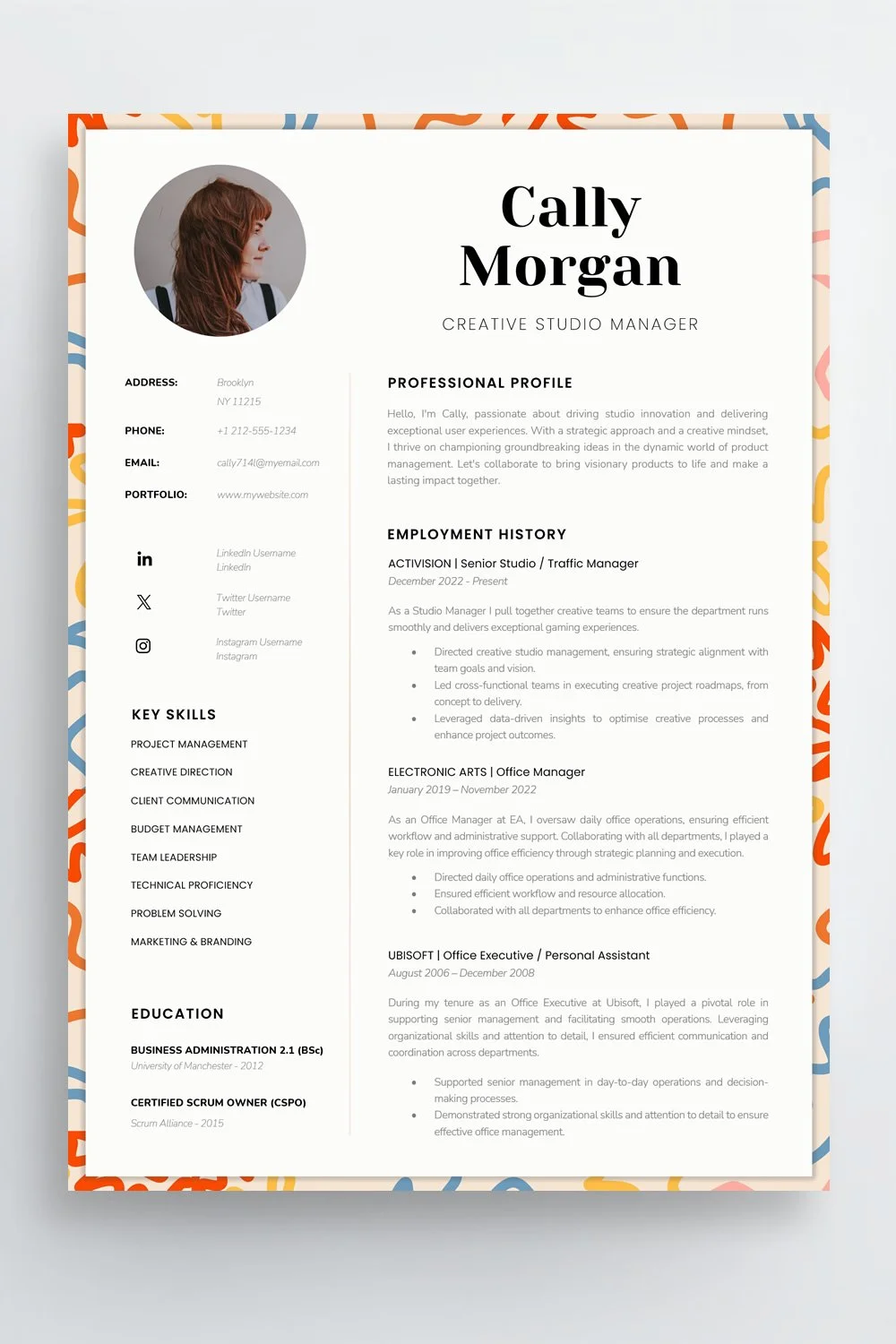 Creative CV template with artistic border and nice colours