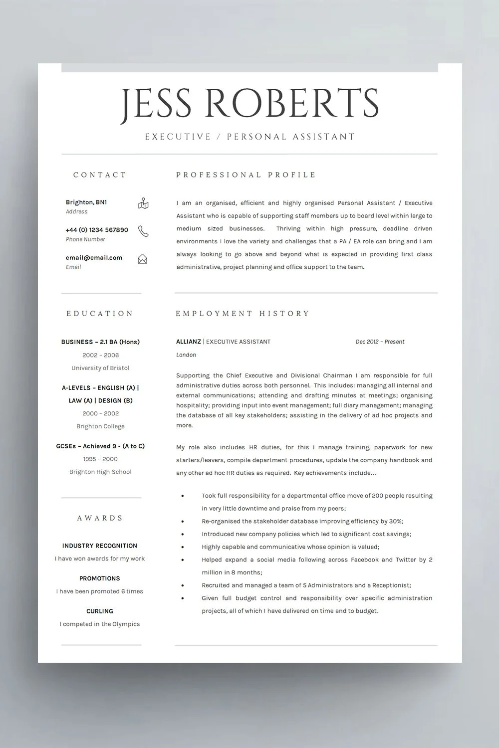 simple CV template with bold name