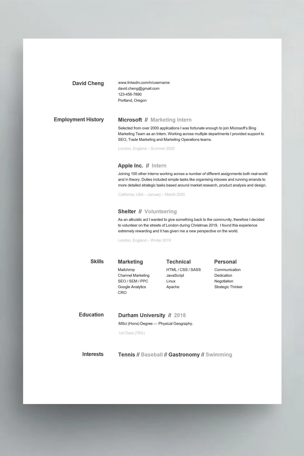 Simple graduate CV example highlighting education, projects and transferable skills