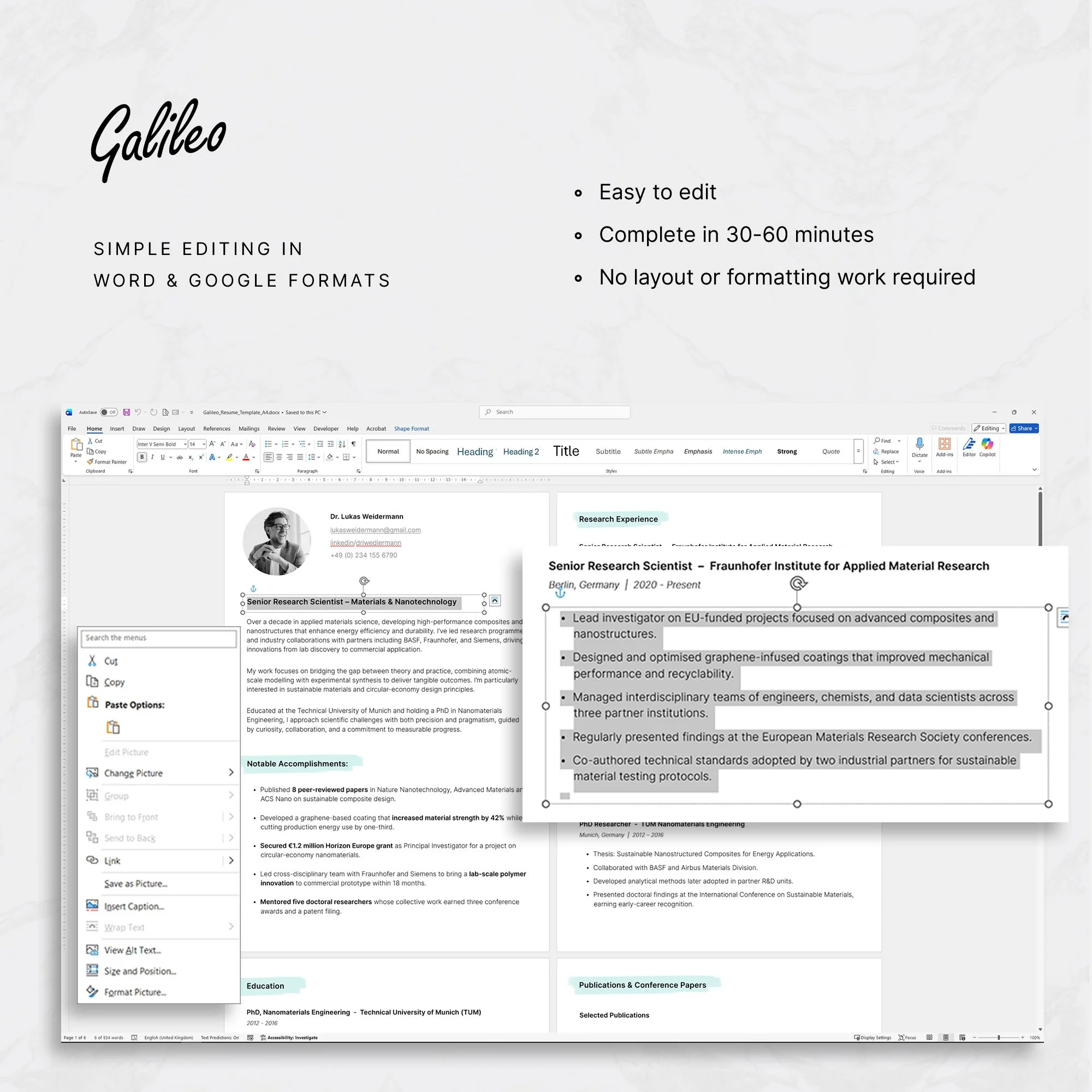 Editable science CV template open in Microsoft Word for academic and research job applications