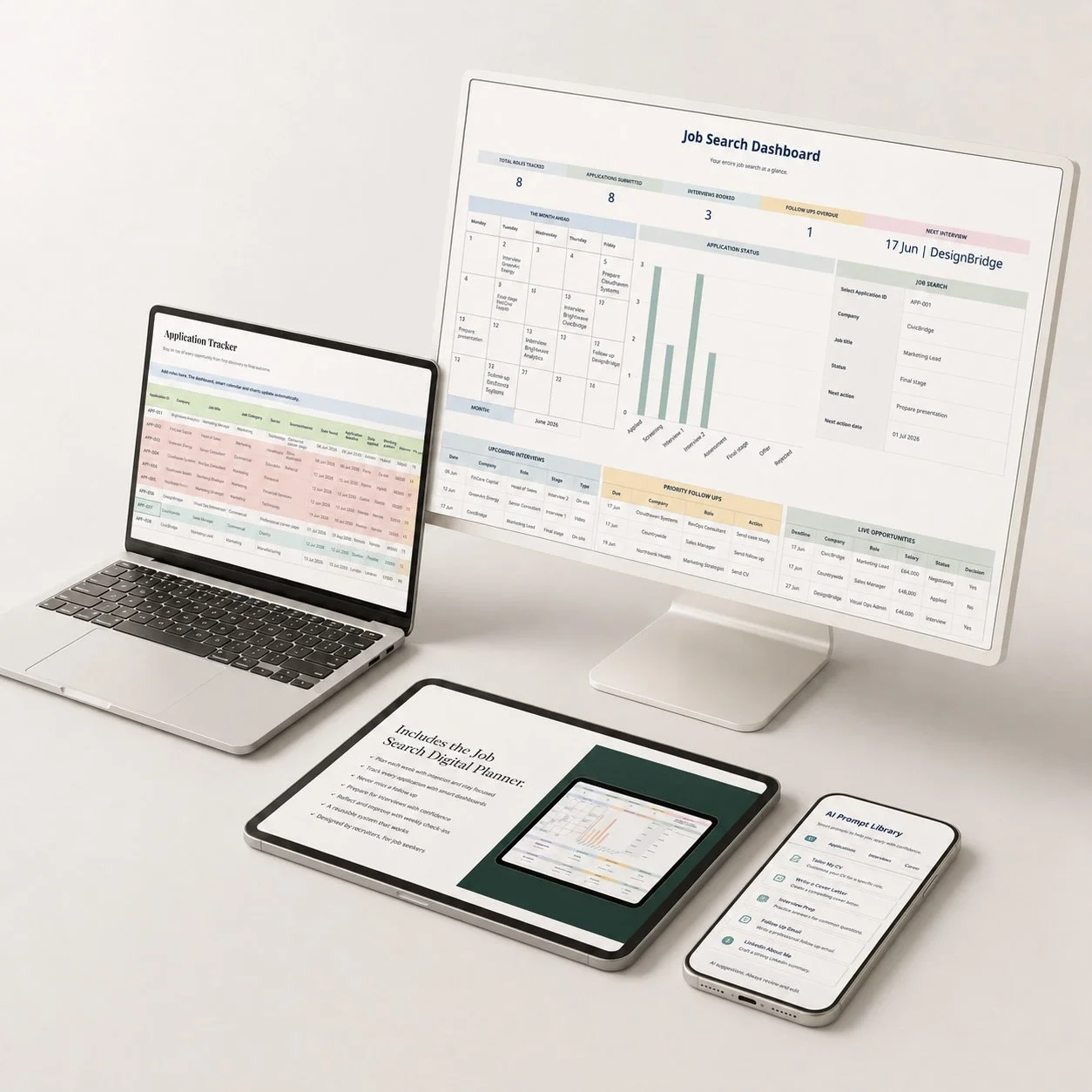 Job Search Planner dashboard shown across laptop, tablet and mobile screens