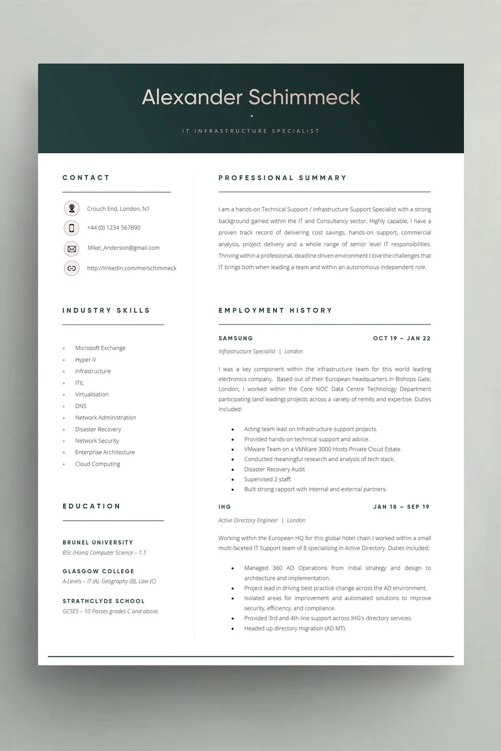 Simple professional CV with a bold name and contact header