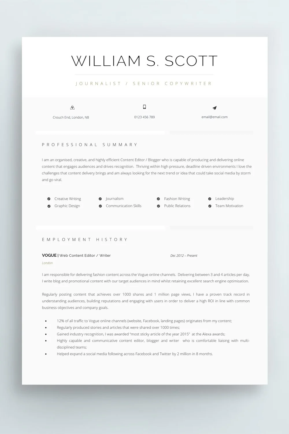 Simple executive CV example prioritising leadership experience and achievements