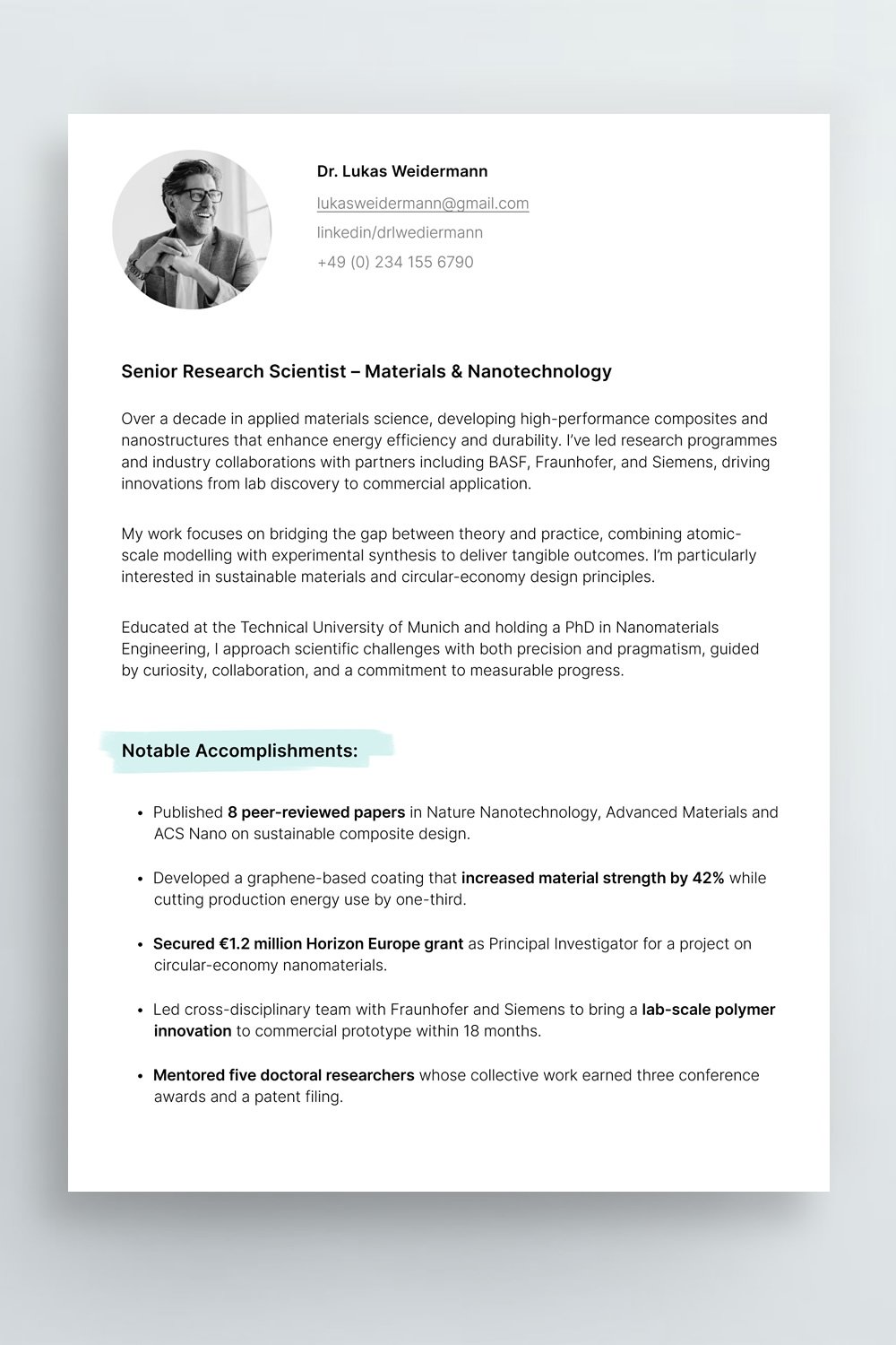 Clean CV design with subtle colour used for headings and details