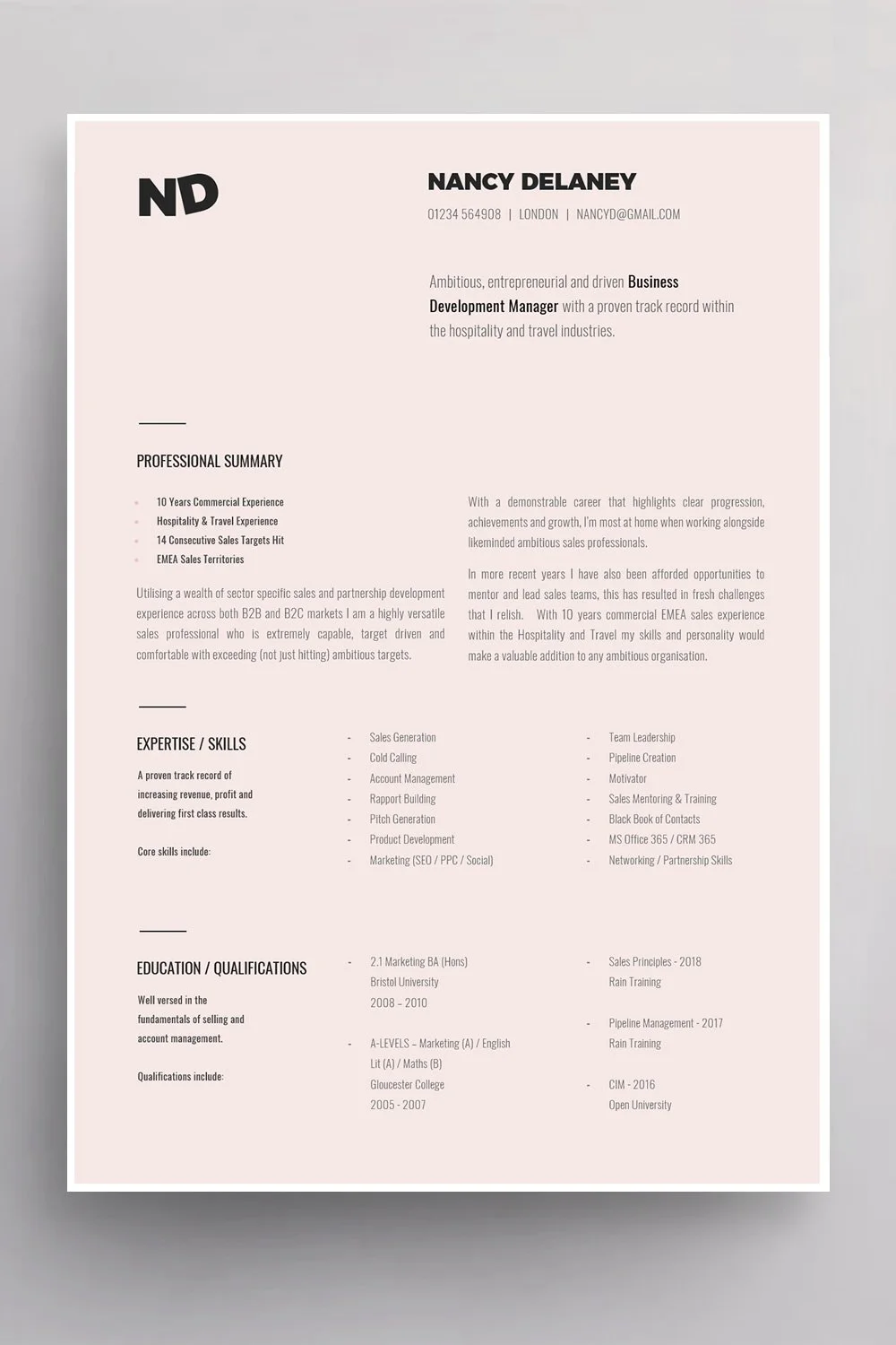 Modern sales CV example with a professional profile, commercial achievements, sales experience and key skills.
