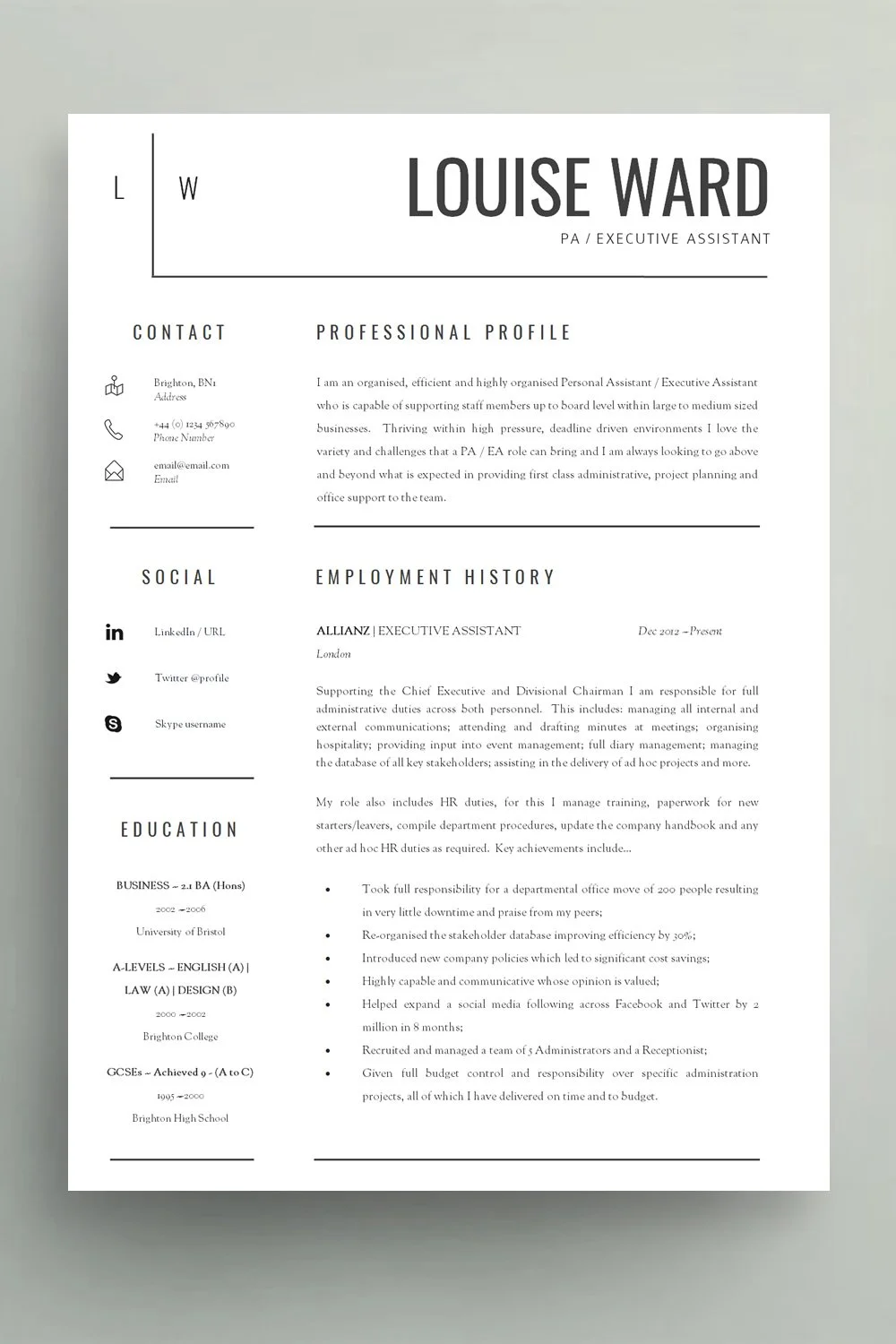 Simple CV example using strong typography to create visual hierarchy