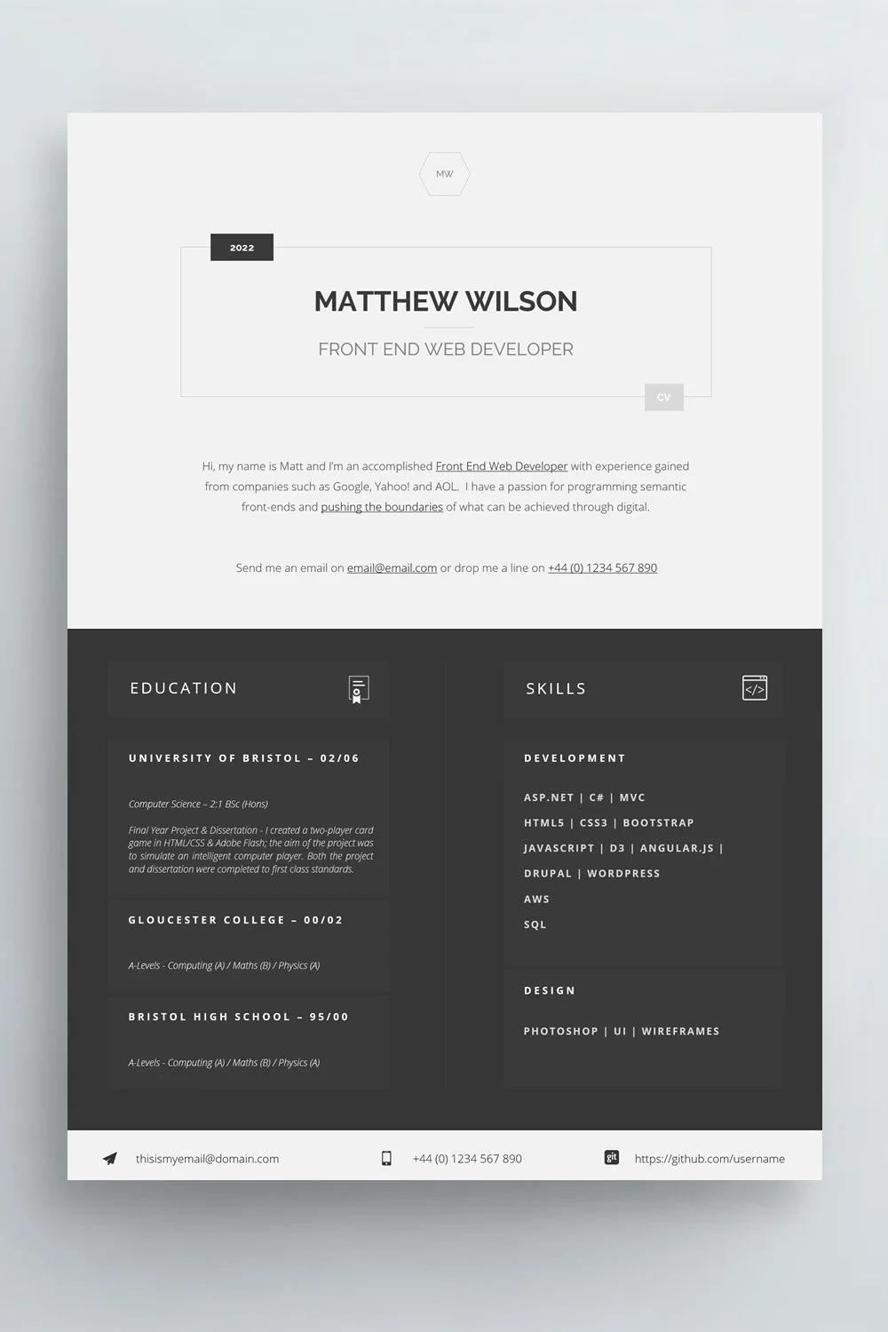 Modern technical CV example for IT professionals with dedicated technical skills, certifications and employment history sections.