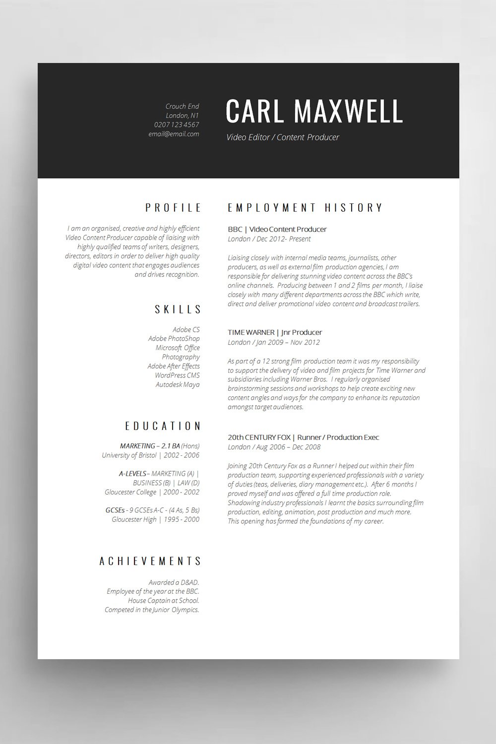 Traditional black-and-white CV with a clean professional layout