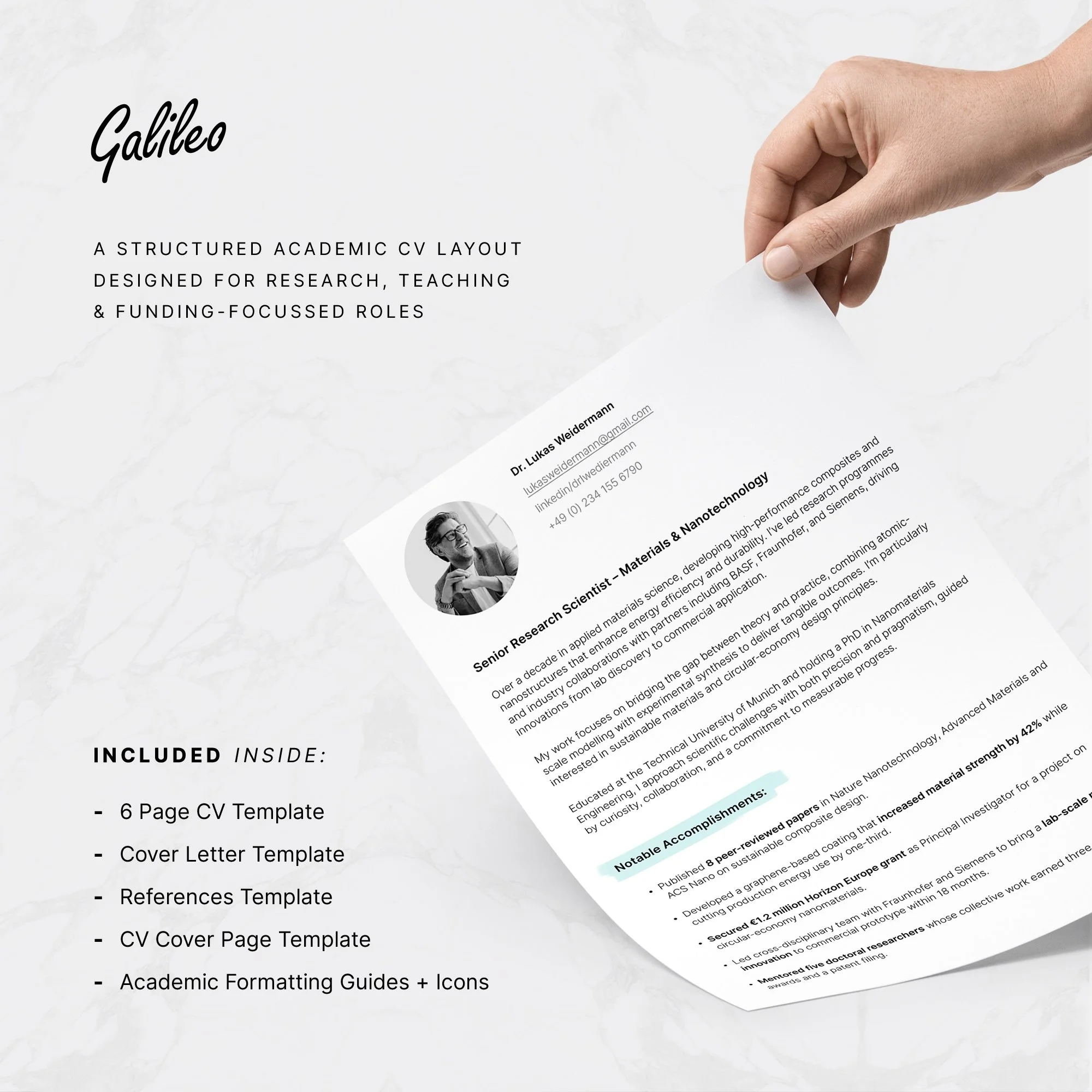 Science CV publications and conference papers page layout example
