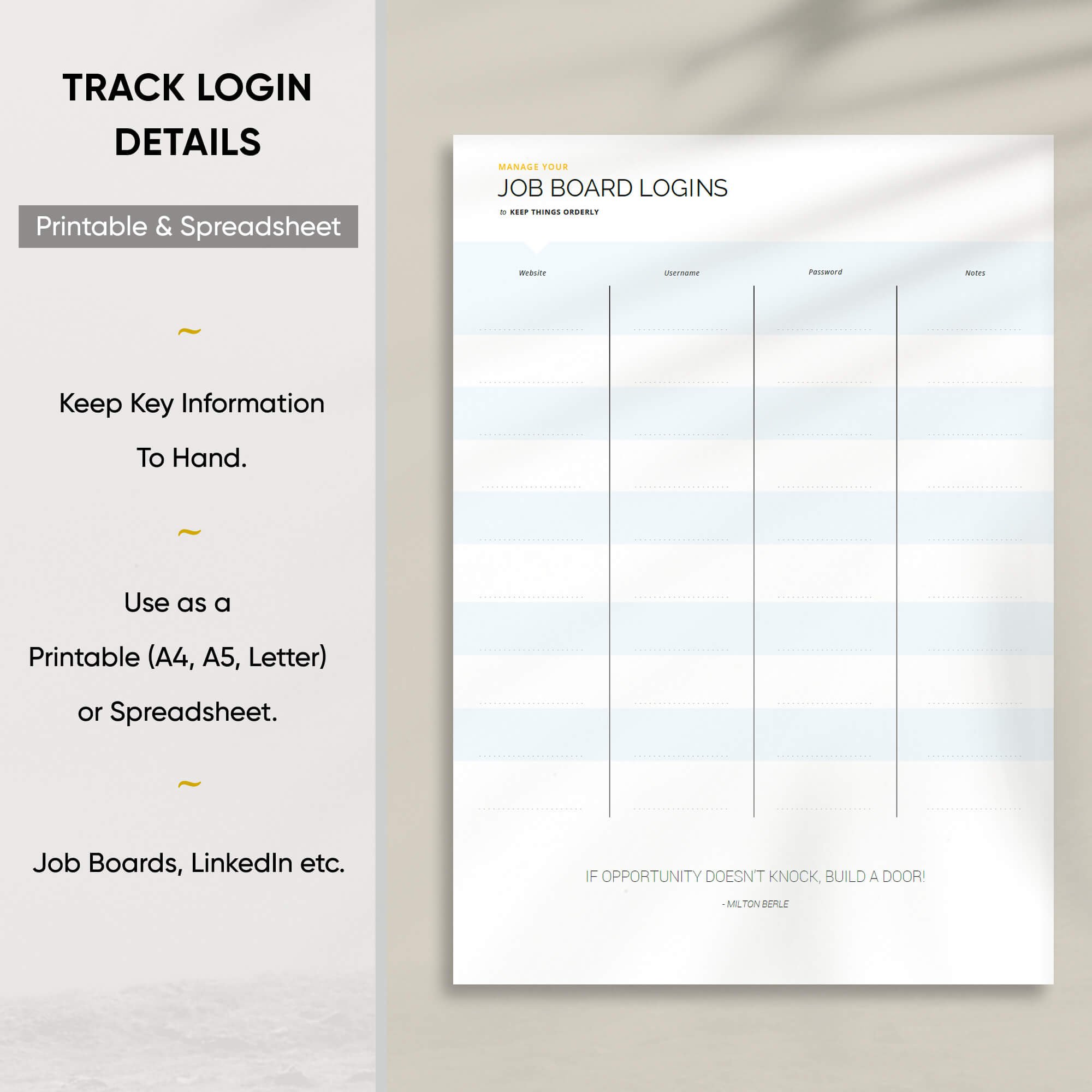 Career Improvement Club: Track Job Board Login Info | Job Search Organiser | Job Search Planner