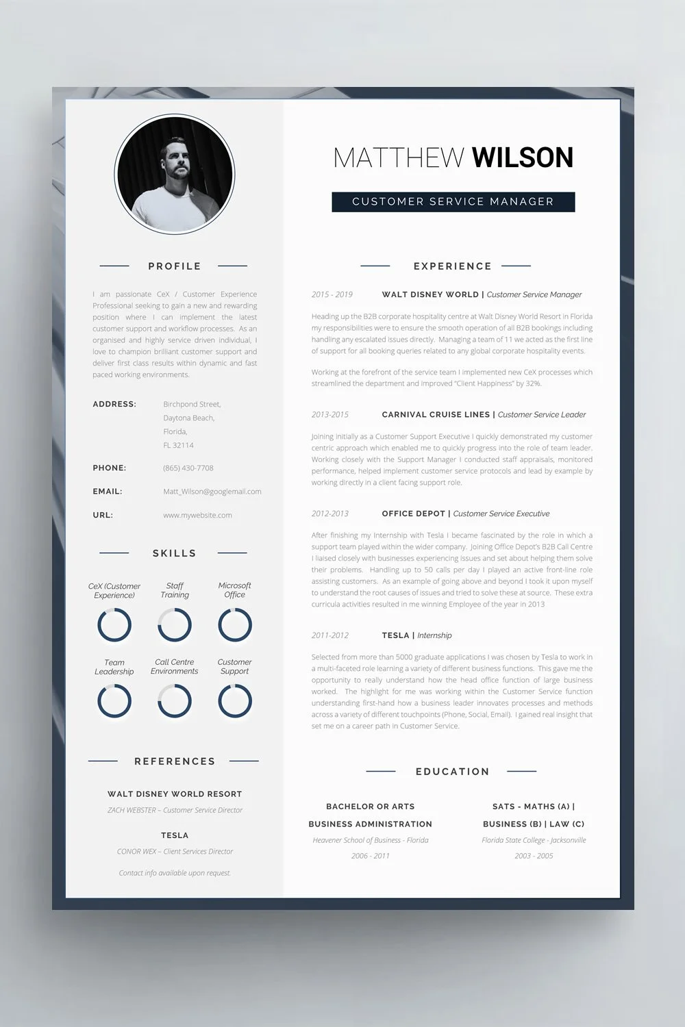 Modern one-page CV example with a concise professional profile, employment history, education and skills.