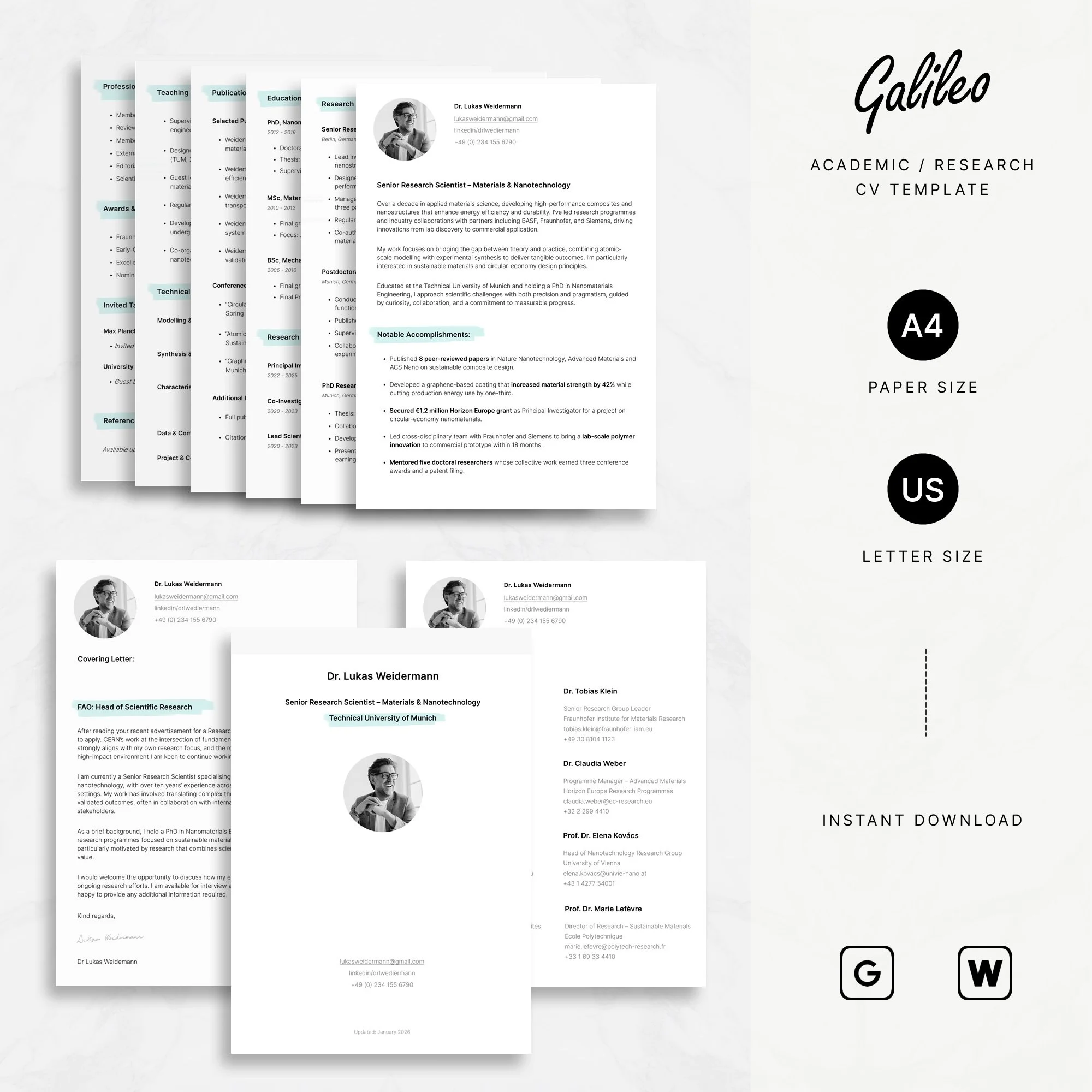 6-page academic science CV template preview for researchers and PhD applicants