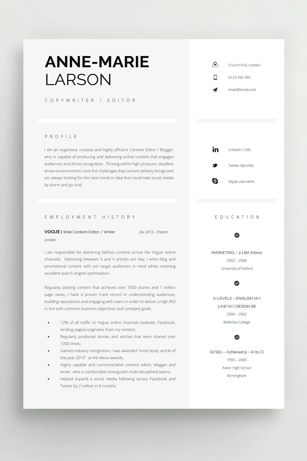 Simple two-column CV example with clearly separated experience and skills